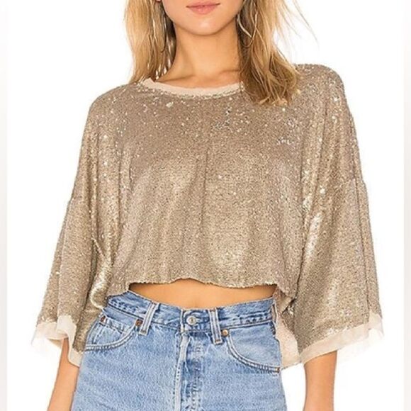 Free People Champagne Dreams Gold Metallic Sequined Bat Wing Crop Top medium - Picture 1 of 8